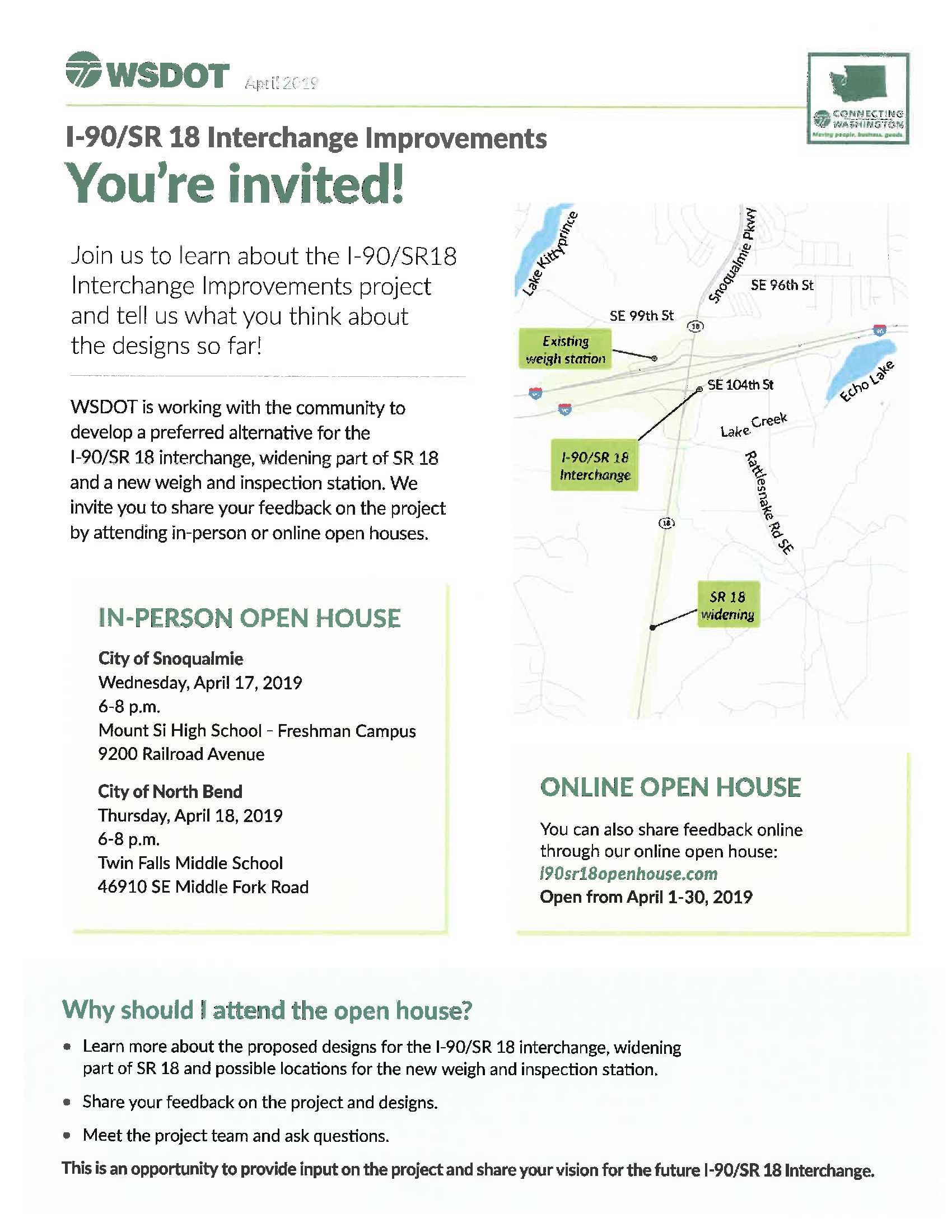 This is flyer that gives information about WSDOT Open Houses in April 2019