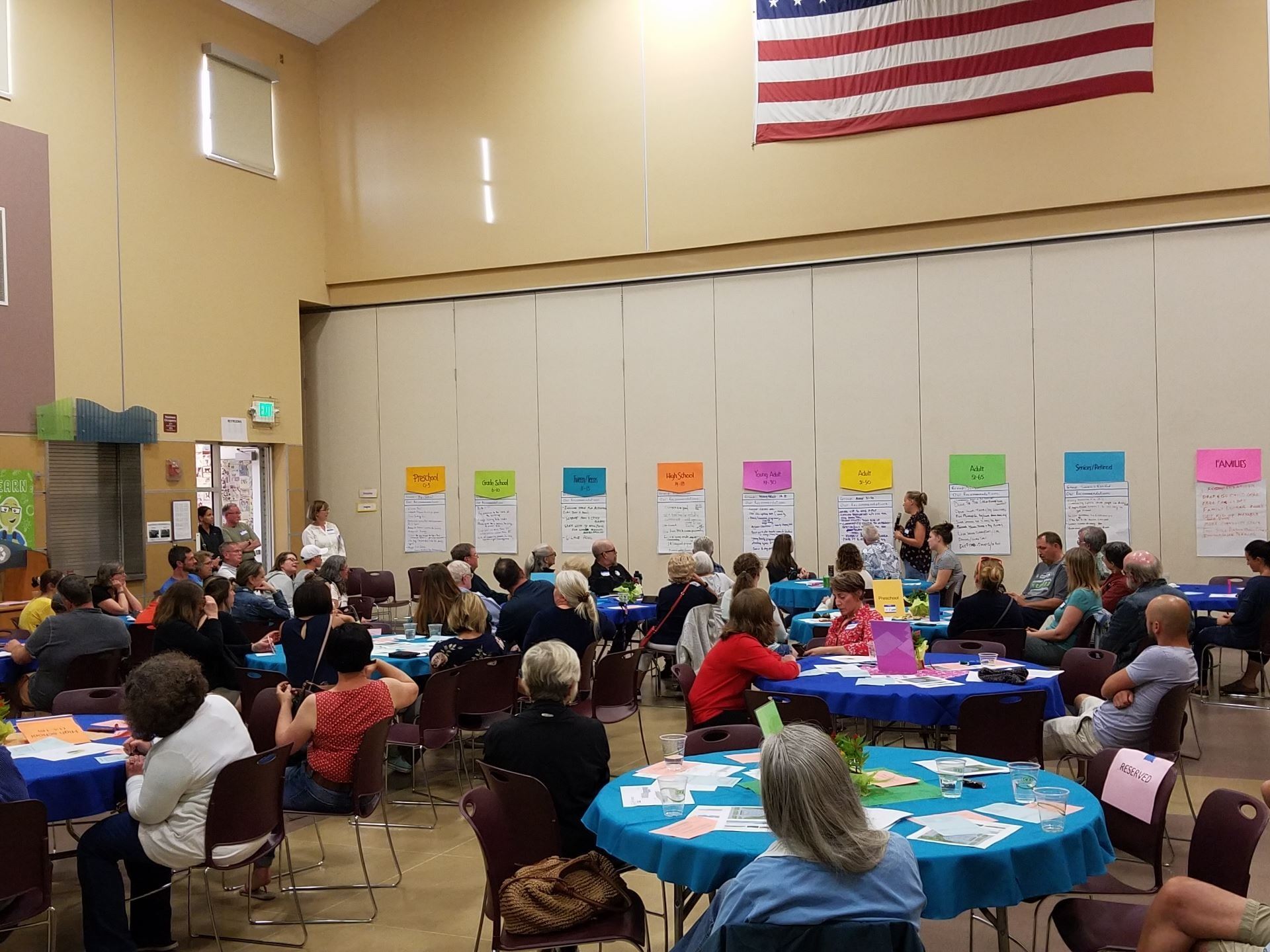 This is a photo residents sitting at workshop tables at a Snoqualmie town hall meeting in June 2019.