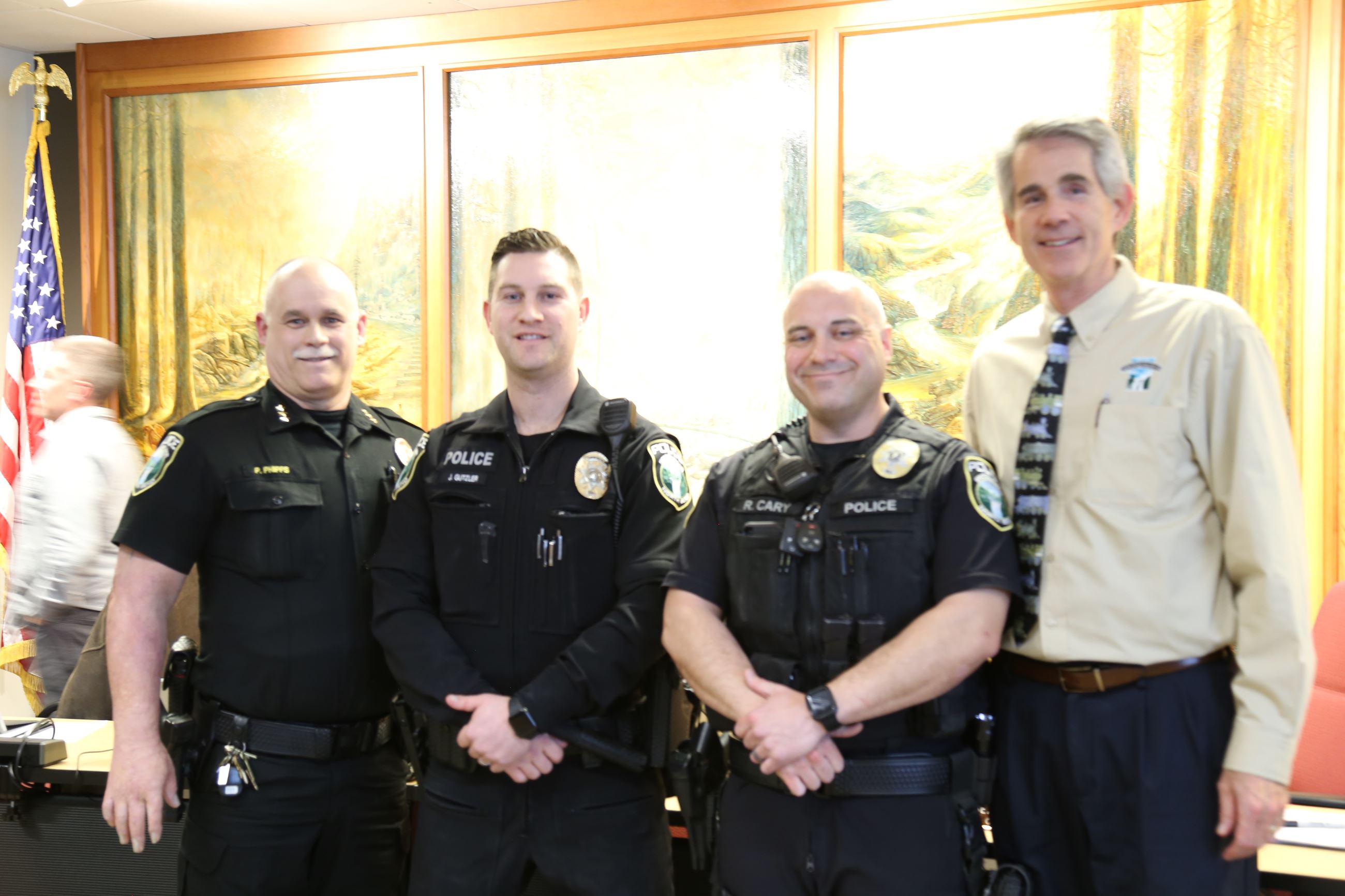 This is a picture of Snoqualmie Police Chief Perry Phipps, Officer Jayce Gutzler, Officer Rick Cary,