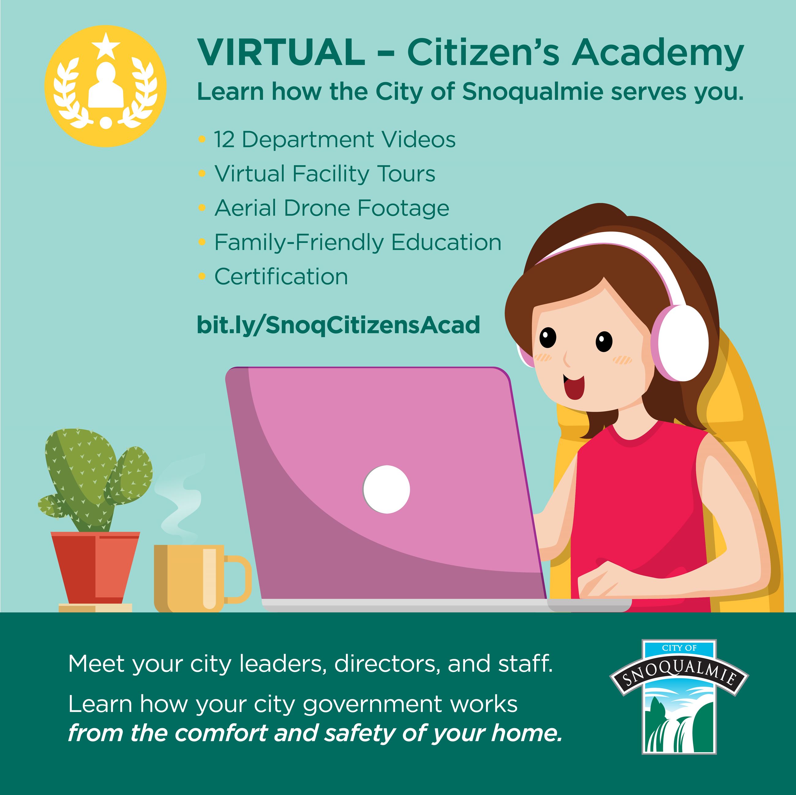 This is a square image with information about the Citizens Academy with a cartoon child.