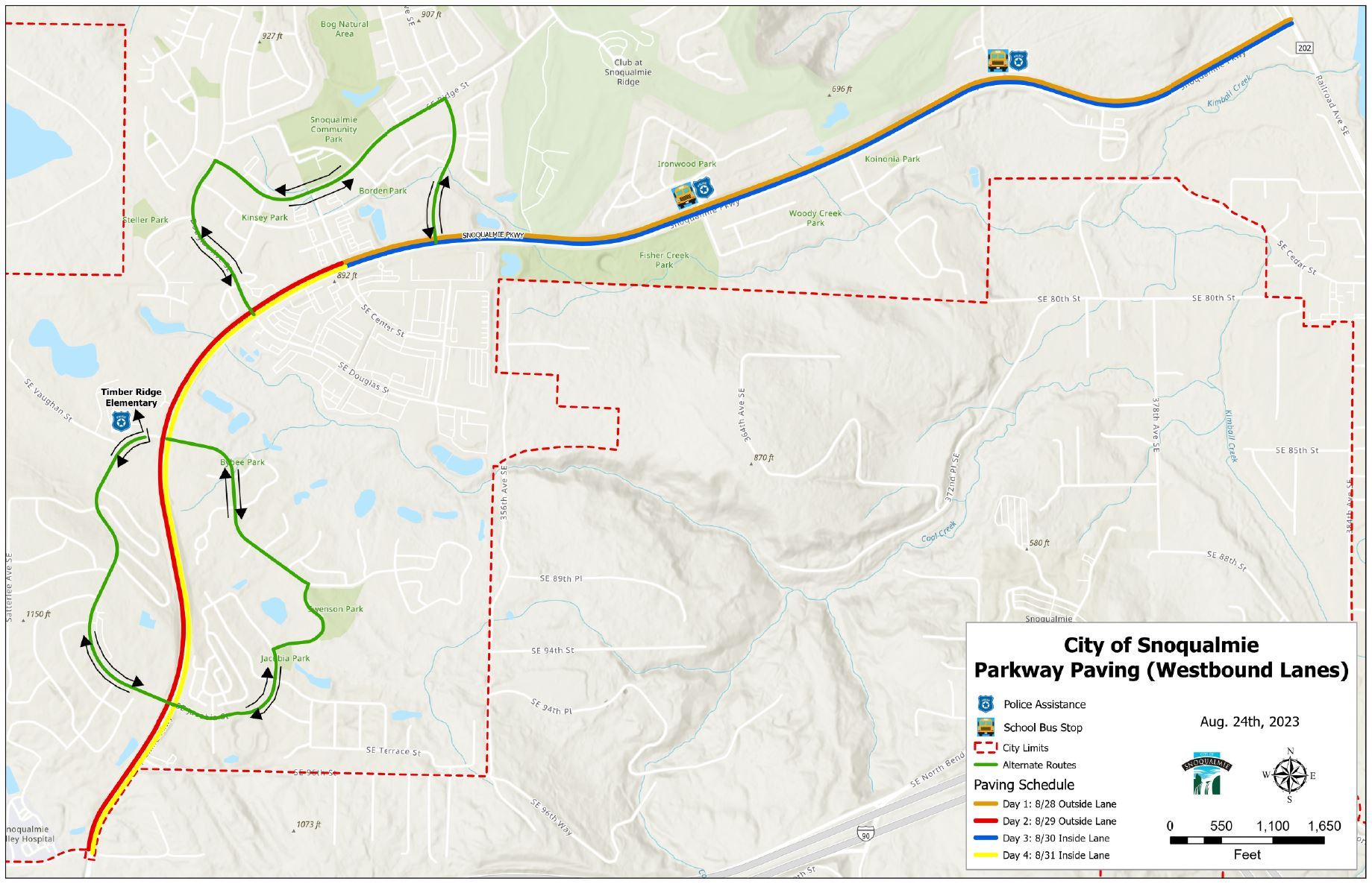 Snoqualmie Pkway paving segment map alternte routes Aug 28 week