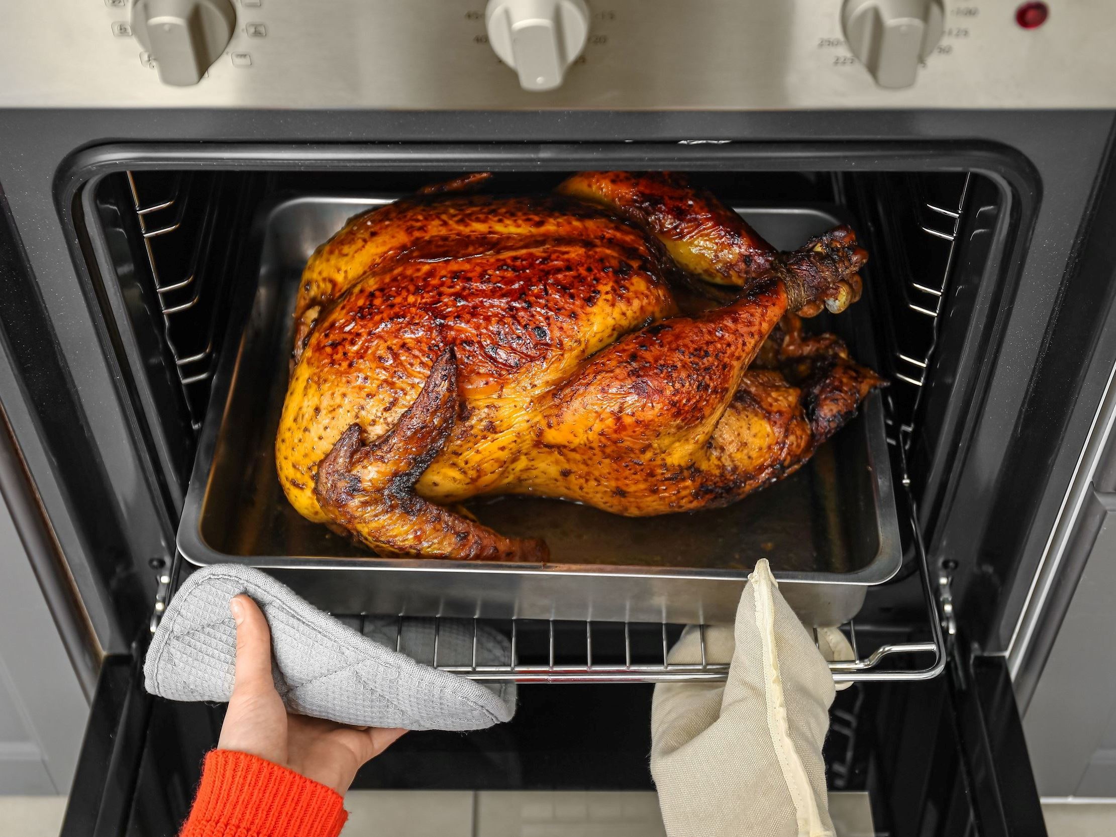 Thanksgiving Turkey coming out of oven 