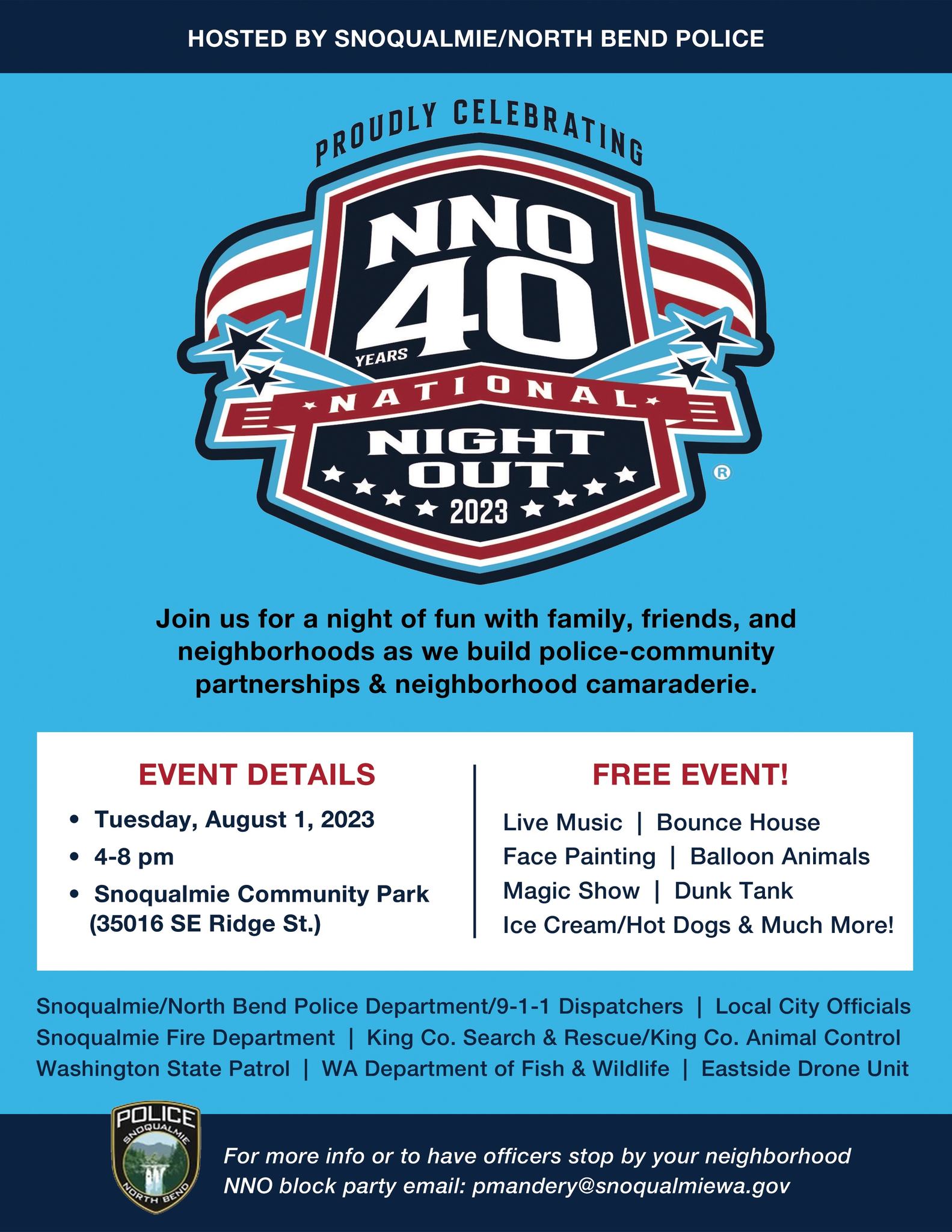 Snoqualmie Police Dept National Night Out Event Flyer